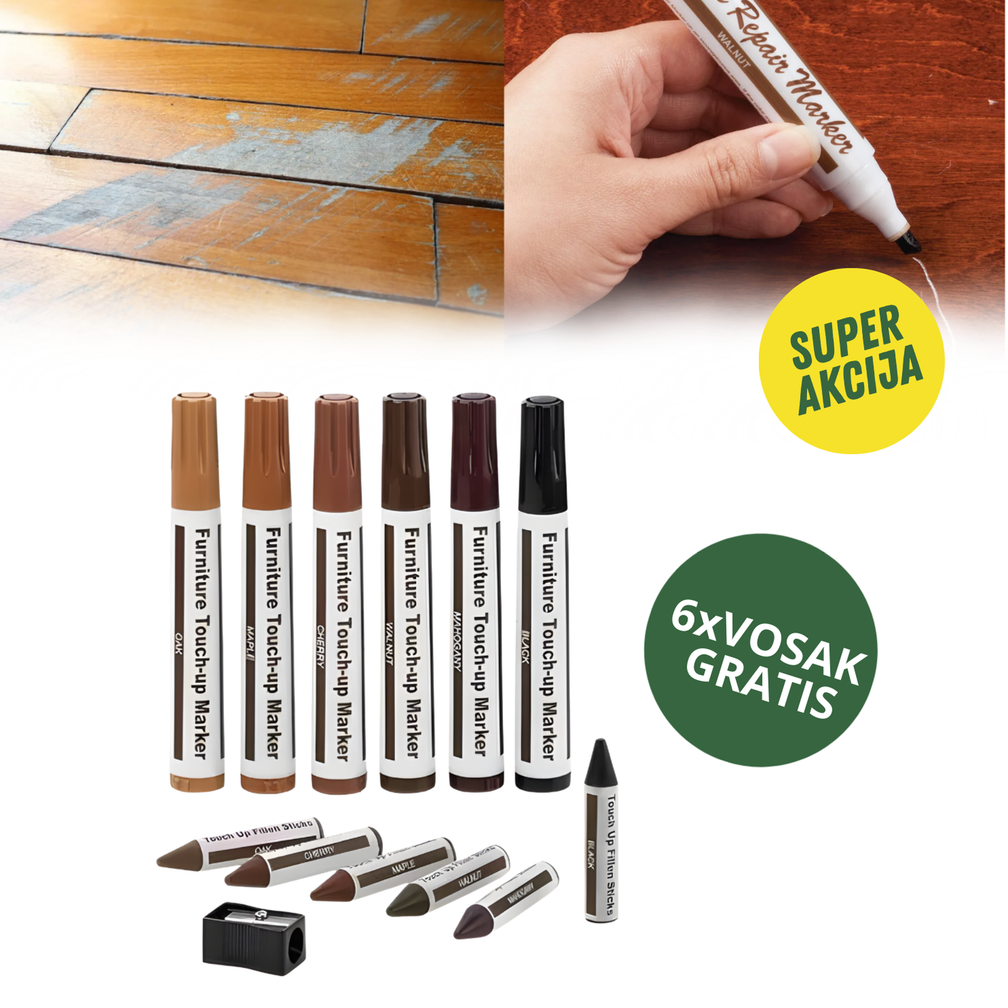 WoodFix - Set markera i voska za reparaciju drveta